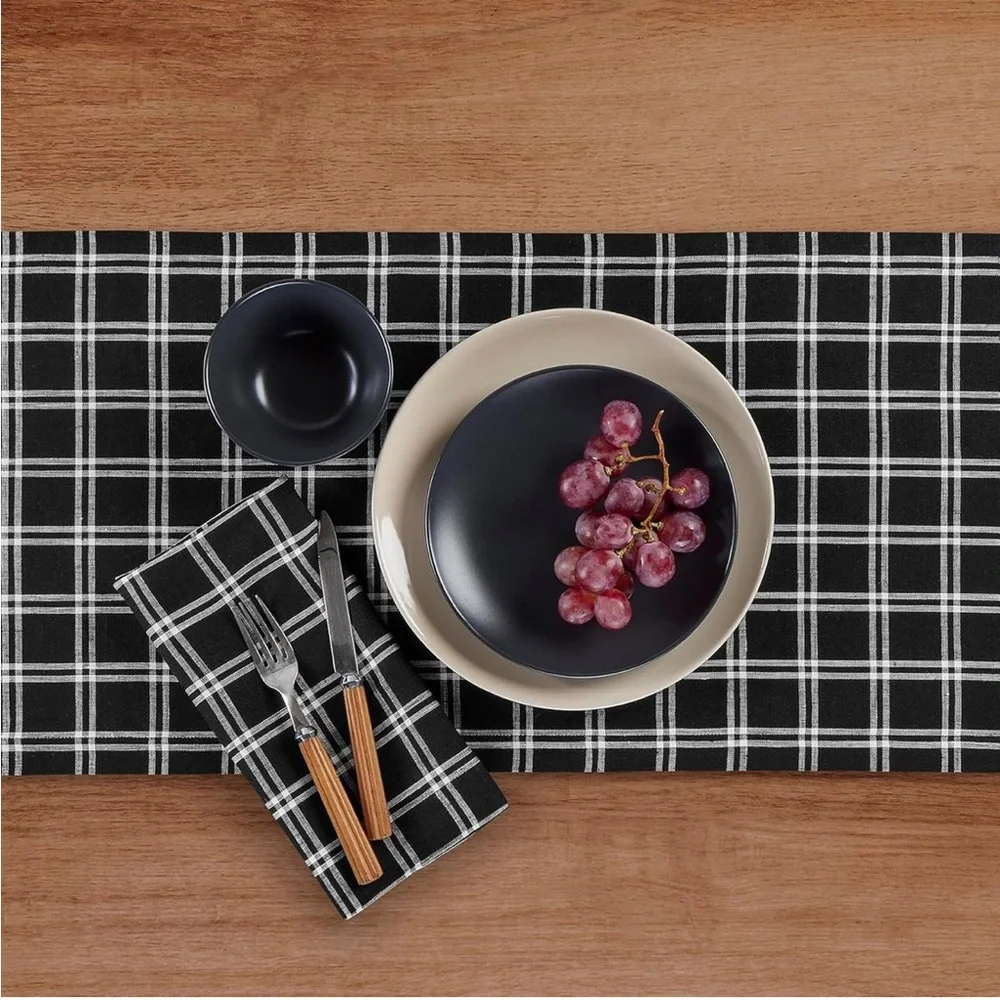 Home Linen Table Runner 14x90 Marseille Plaid Black NEW